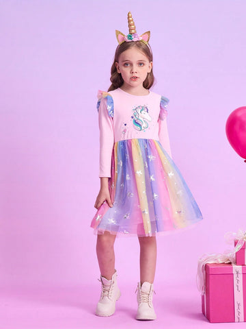 Young Girls Dresses Flare Long Sleeve Toddler Princess Party Dress