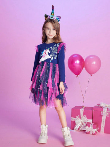 Spring Autumn Long Sleeve Girls Dresses Cartoon Unicorn Princess Dress Patchwork Asymmetric Mesh Snowflake Young Girl Party Costumes