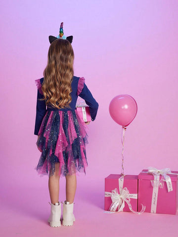 Spring Autumn Long Sleeve Girls Dresses Cartoon Unicorn Princess Dress Patchwork Asymmetric Mesh Snowflake Young Girl Party Costumes