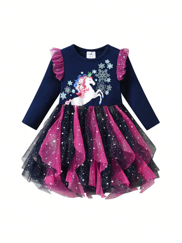 Spring Autumn Long Sleeve Girls Dresses Cartoon Unicorn Princess Dress Patchwork Asymmetric Mesh Snowflake Young Girl Party Costumes