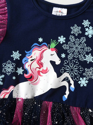 Spring Autumn Long Sleeve Girls Dresses Cartoon Unicorn Princess Dress Patchwork Asymmetric Mesh Snowflake Young Girl Party Costumes
