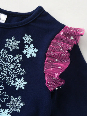 Spring Autumn Long Sleeve Girls Dresses Cartoon Unicorn Princess Dress Patchwork Asymmetric Mesh Snowflake Young Girl Party Costumes