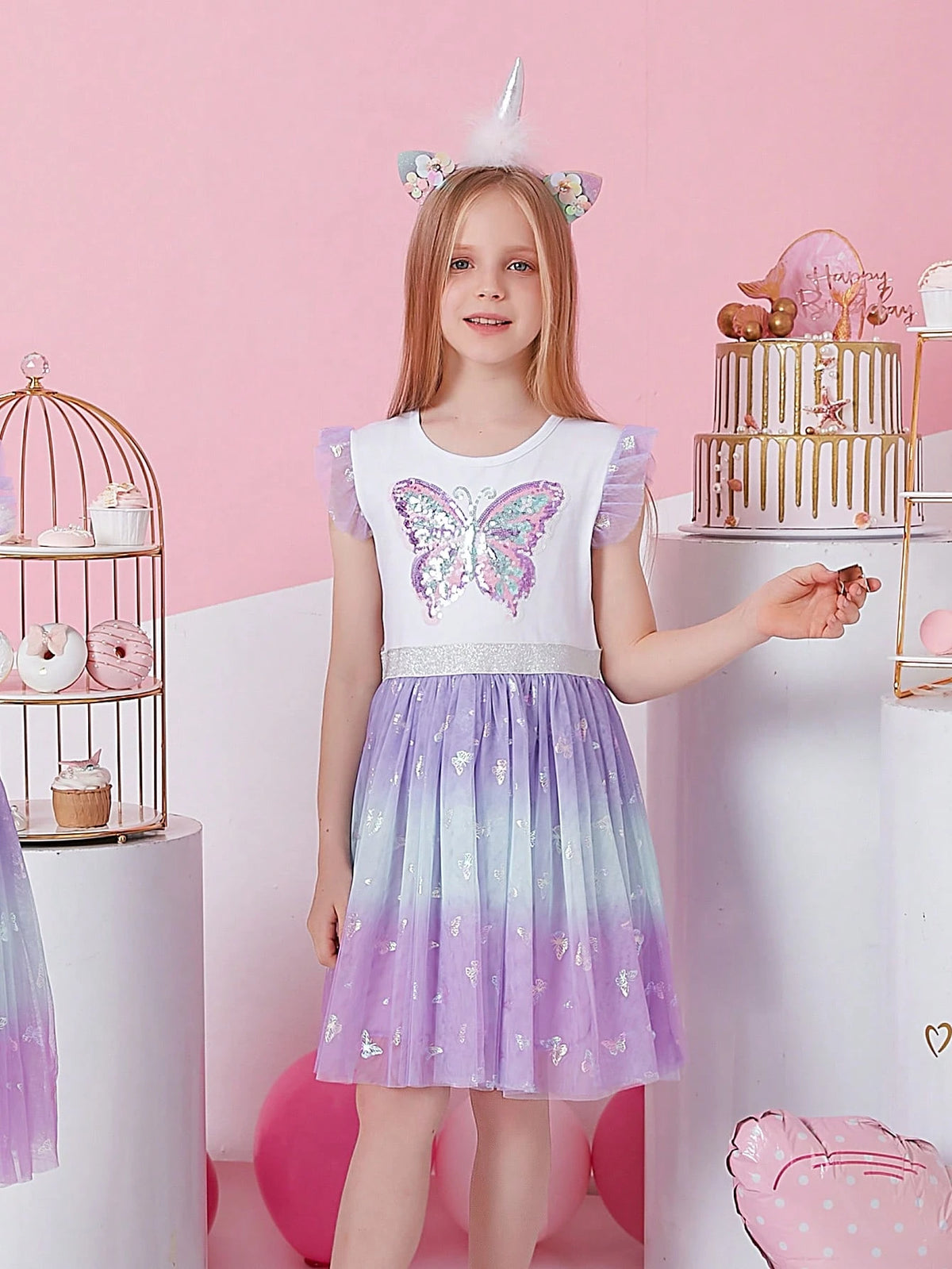 Summer Sequined Girls Dresses Butterfly Pattern Flare Sleeveless Children Dress Gradient Tulle Skirt Young Girl Vacation Clothing