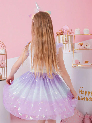 Summer Sequined Girls Dresses Butterfly Pattern Flare Sleeveless Children Dress Gradient Tulle Skirt Young Girl Vacation Clothing