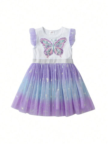 Summer Sequined Girls Dresses Butterfly Pattern Flare Sleeveless Children Dress Gradient Tulle Skirt Young Girl Vacation Clothing