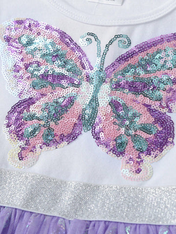 Summer Sequined Girls Dresses Butterfly Pattern Flare Sleeveless Children Dress Gradient Tulle Skirt Young Girl Vacation Clothing