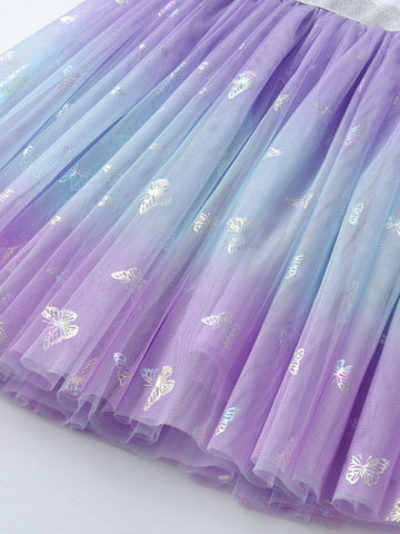 Summer Sequined Girls Dresses Butterfly Pattern Flare Sleeveless Children Dress Gradient Tulle Skirt Young Girl Vacation Clothing