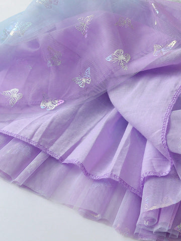 Summer Sequined Girls Dresses Butterfly Pattern Flare Sleeveless Children Dress Gradient Tulle Skirt Young Girl Vacation Clothing