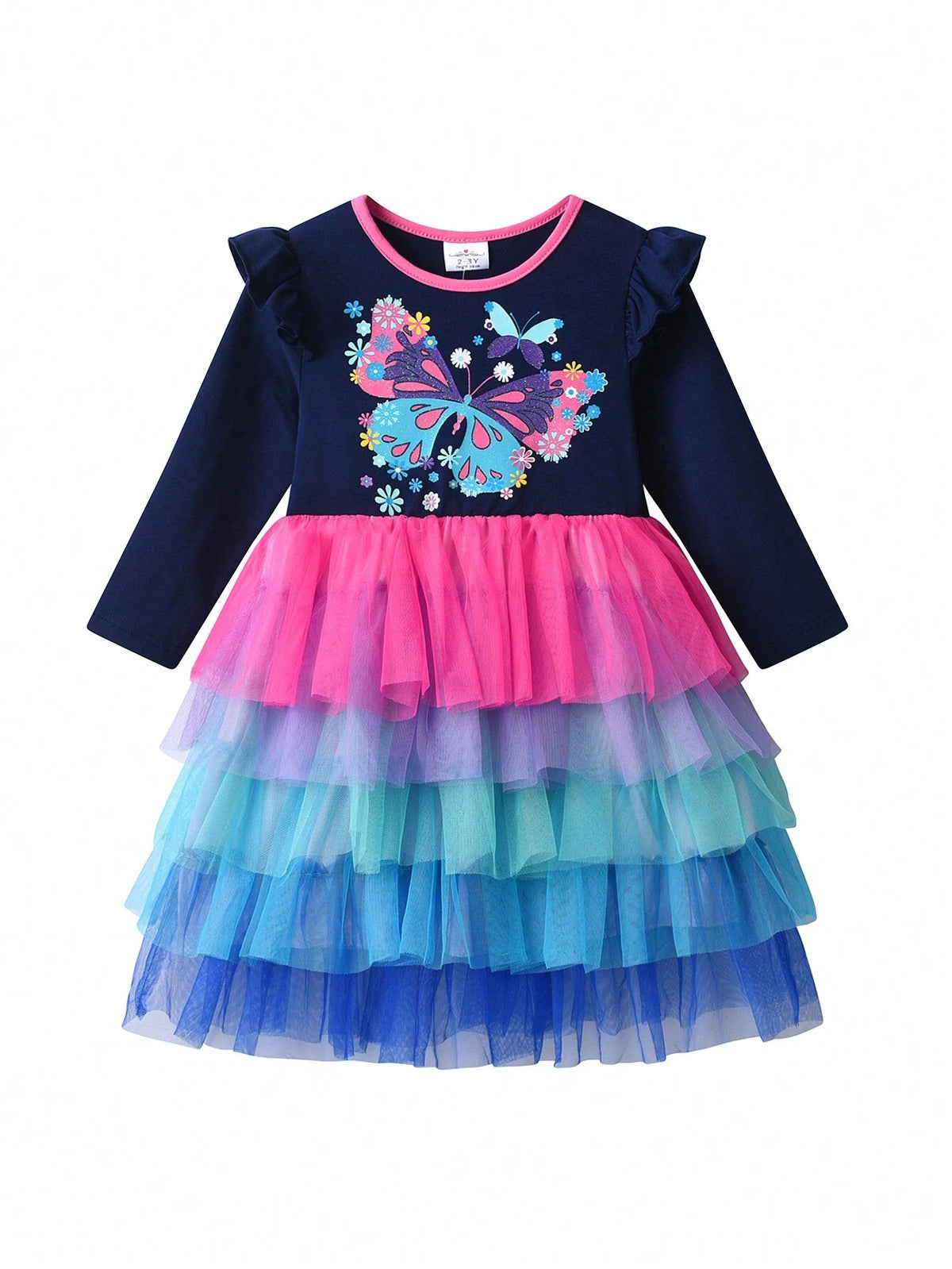 Young Girls Butterfly Printed Princess Dress Flying Long Sleeve Girls Winter Dress Crew Neck Children Clothes