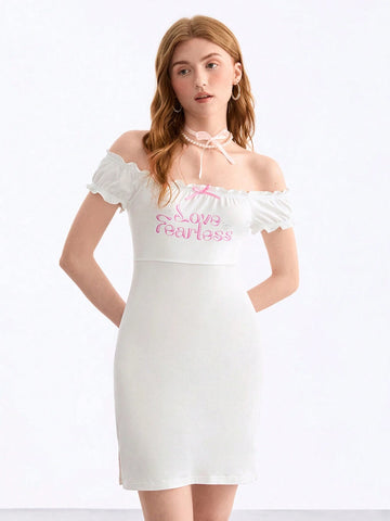 Babi Basques Casual Short Dress With Alphabet Rhinestone Decorated Bowknot For Women