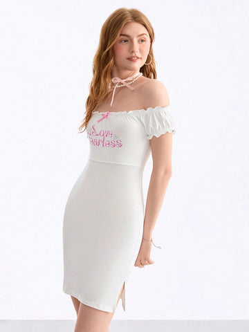 Babi Basques Casual Short Dress With Alphabet Rhinestone Decorated Bowknot For Women