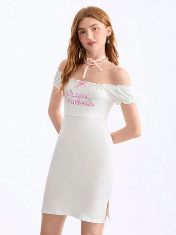 Babi Basques Casual Short Dress With Alphabet Rhinestone Decorated Bowknot For Women