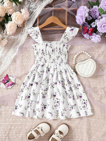 Baby Girl Ditsy Floral Vacation Style Short-Sleeved Casual Dress