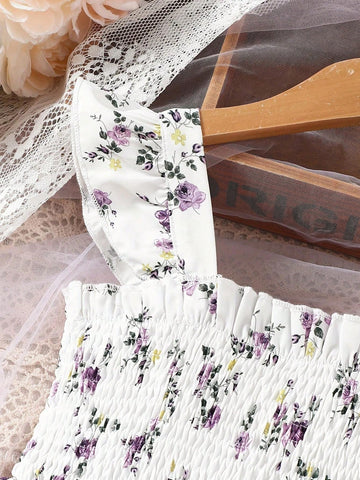 Baby Girl Ditsy Floral Vacation Style Short-Sleeved Casual Dress
