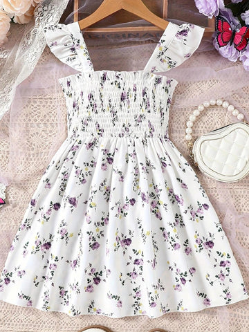 Baby Girl Ditsy Floral Vacation Style Short-Sleeved Casual Dress