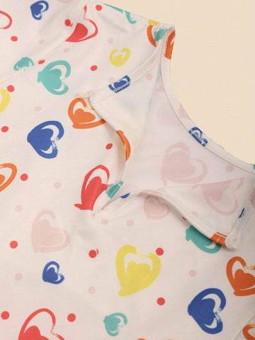 Baby Girl Summer Short Sleeve Dress, Round Neck, Soft Fabric, Comfortable, Cool, Minimalist, Fashionable Style With Heart-Shaped Printed Pattern