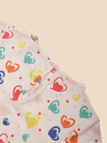 Baby Girl Summer Short Sleeve Dress, Round Neck, Soft Fabric, Comfortable, Cool, Minimalist, Fashionable Style With Heart-Shaped Printed Pattern