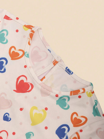 Baby Girl Summer Short Sleeve Dress, Round Neck, Soft Fabric, Comfortable, Cool, Minimalist, Fashionable Style With Heart-Shaped Printed Pattern