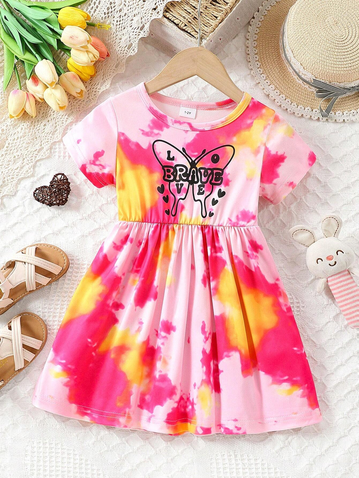 Baby Girl Toddler Dress Short Sleeves Casual Butterfly Print Tie Dye Round Neck Children Dress