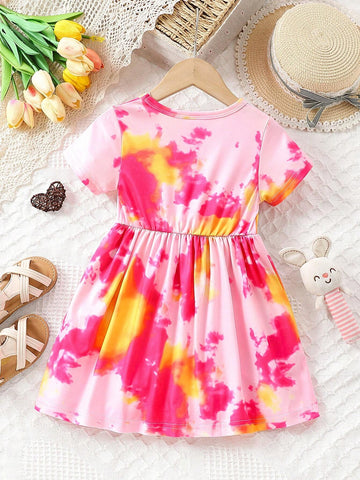 Baby Girl Toddler Dress Short Sleeves Casual Butterfly Print Tie Dye Round Neck Children Dress
