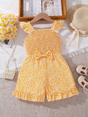 Baby Girls' Cap Sleeve Bowknot Romper, With Floral Print Shorts For Summer Casual Wear