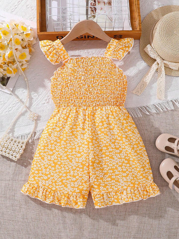 Baby Girls' Cap Sleeve Bowknot Romper, With Floral Print Shorts For Summer Casual Wear