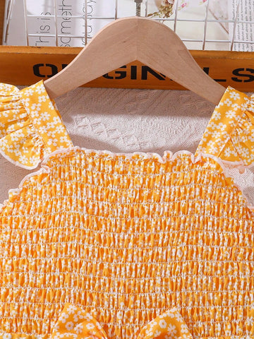 Baby Girls' Cap Sleeve Bowknot Romper, With Floral Print Shorts For Summer Casual Wear