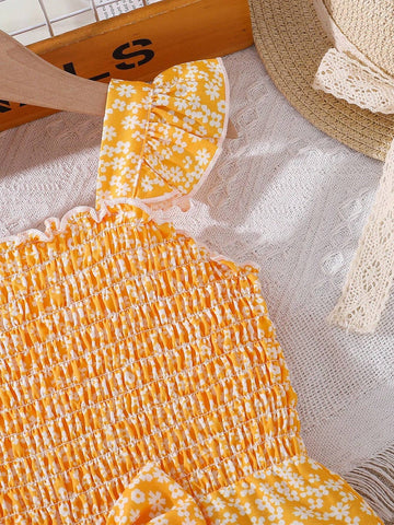 Baby Girls' Cap Sleeve Bowknot Romper, With Floral Print Shorts For Summer Casual Wear