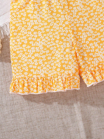 Baby Girls' Cap Sleeve Bowknot Romper, With Floral Print Shorts For Summer Casual Wear