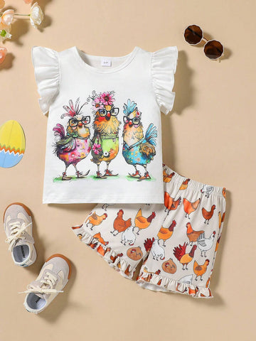 Baby Girls' Cute Rooster Animal Round Neck Cap Sleeve T-Shirt + Chick Allover Print Shorts With Ruffle Hem Set