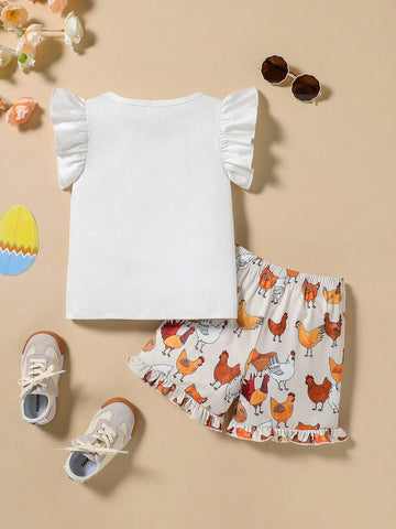 Baby Girls' Cute Rooster Animal Round Neck Cap Sleeve T-Shirt + Chick Allover Print Shorts With Ruffle Hem Set