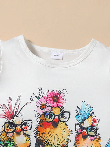 Baby Girls' Cute Rooster Animal Round Neck Cap Sleeve T-Shirt + Chick Allover Print Shorts With Ruffle Hem Set