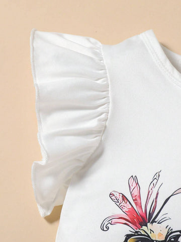 Baby Girls' Cute Rooster Animal Round Neck Cap Sleeve T-Shirt + Chick Allover Print Shorts With Ruffle Hem Set