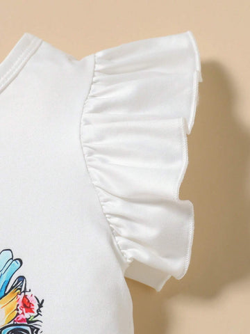 Baby Girls' Cute Rooster Animal Round Neck Cap Sleeve T-Shirt + Chick Allover Print Shorts With Ruffle Hem Set