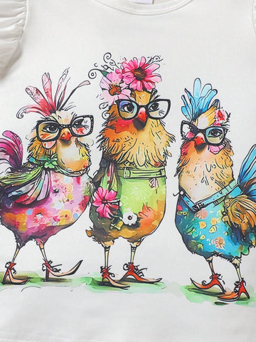 Baby Girls' Cute Rooster Animal Round Neck Cap Sleeve T-Shirt + Chick Allover Print Shorts With Ruffle Hem Set