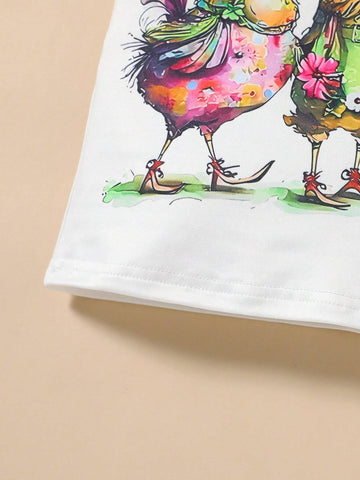 Baby Girls' Cute Rooster Animal Round Neck Cap Sleeve T-Shirt + Chick Allover Print Shorts With Ruffle Hem Set