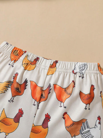 Baby Girls' Cute Rooster Animal Round Neck Cap Sleeve T-Shirt + Chick Allover Print Shorts With Ruffle Hem Set