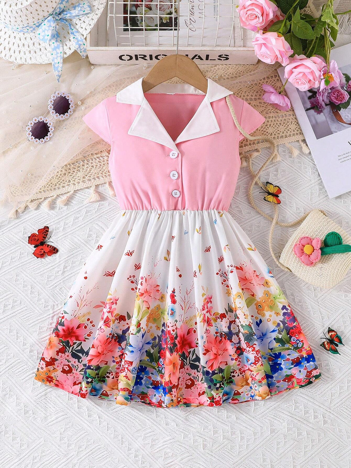 Baby Girls' Elegant Sleeveless Floral Print Dress With Bow And Cap Sleeves For Summer
