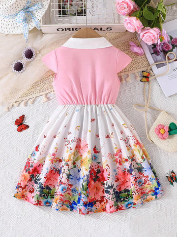 Baby Girls' Elegant Sleeveless Floral Print Dress With Bow And Cap Sleeves For Summer