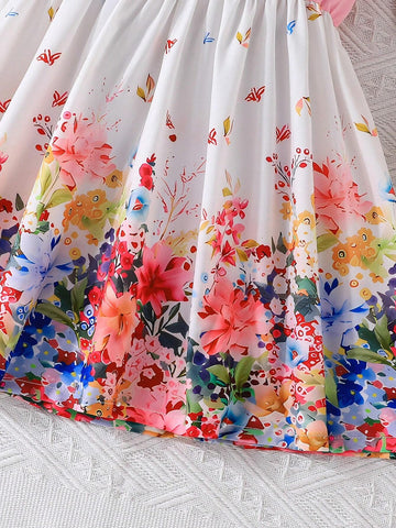 Baby Girls' Elegant Sleeveless Floral Print Dress With Bow And Cap Sleeves For Summer