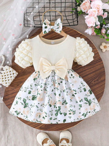 Baby Girls Floral Print Dress With Bow Accent & Matching Headband, Elegant Fashion Lightweight For Summer