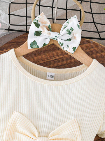 Baby Girls Floral Print Dress With Bow Accent & Matching Headband, Elegant Fashion Lightweight For Summer