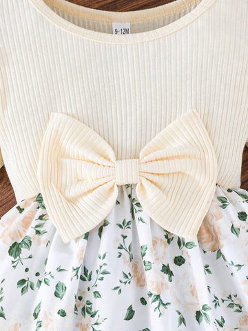 Baby Girls Floral Print Dress With Bow Accent & Matching Headband, Elegant Fashion Lightweight For Summer