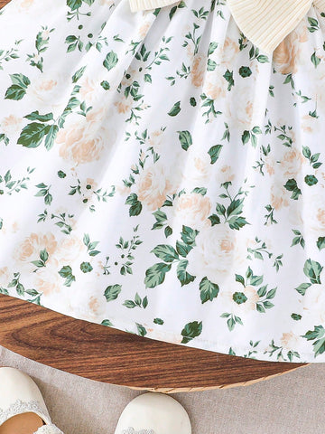 Baby Girls Floral Print Dress With Bow Accent & Matching Headband, Elegant Fashion Lightweight For Summer