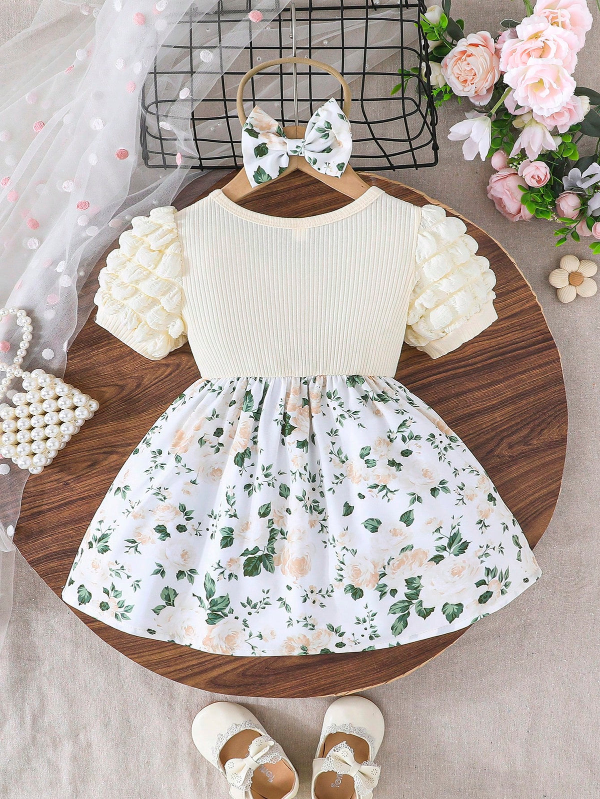 Baby Girls Floral Print Dress With Bow Accent & Matching Headband, Elegant Fashion Lightweight For Summer
