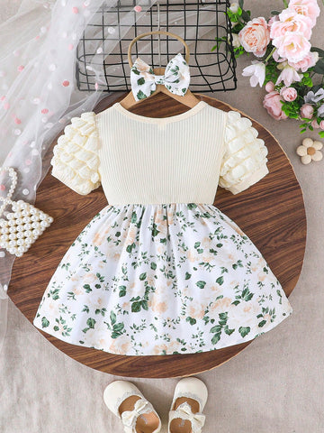 Baby Girls Floral Print Dress With Bow Accent & Matching Headband, Elegant Fashion Lightweight For Summer