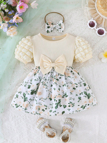 Baby Girls Floral Print Dress With Bow Accent & Matching Headband, Elegant Fashion Lightweight For Summer