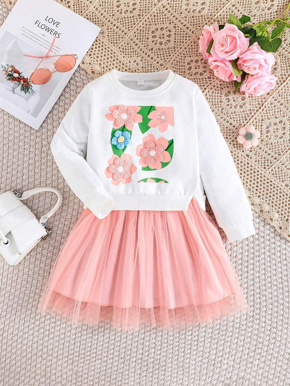 Baby Girls' Long Sleeve Floral Embroidery Mesh Skirt Dress, Spring And Autumn