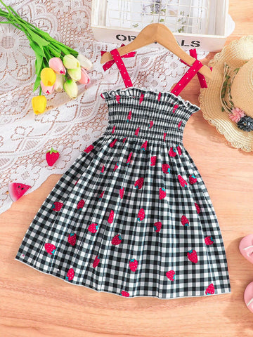 Baby Girls' Summer Fashionable Flare Sleeve Lovely Strawberry Printed Smock Embroidery Dress