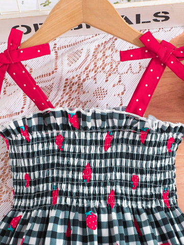 Baby Girls' Summer Fashionable Flare Sleeve Lovely Strawberry Printed Smock Embroidery Dress